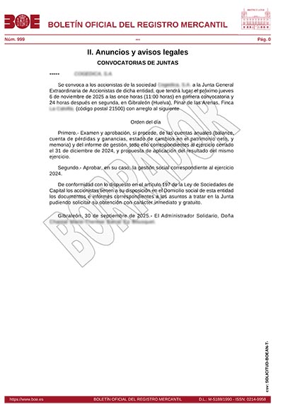 Ejemplo de anuncio de Borme